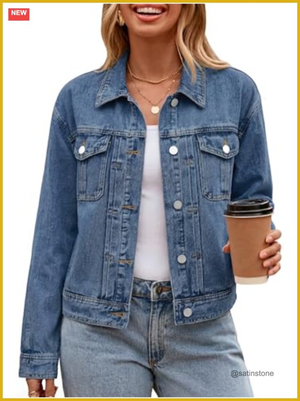 Women's Denim Jacket Button Down Long Sleeve Cotton Blend Trucker Coat